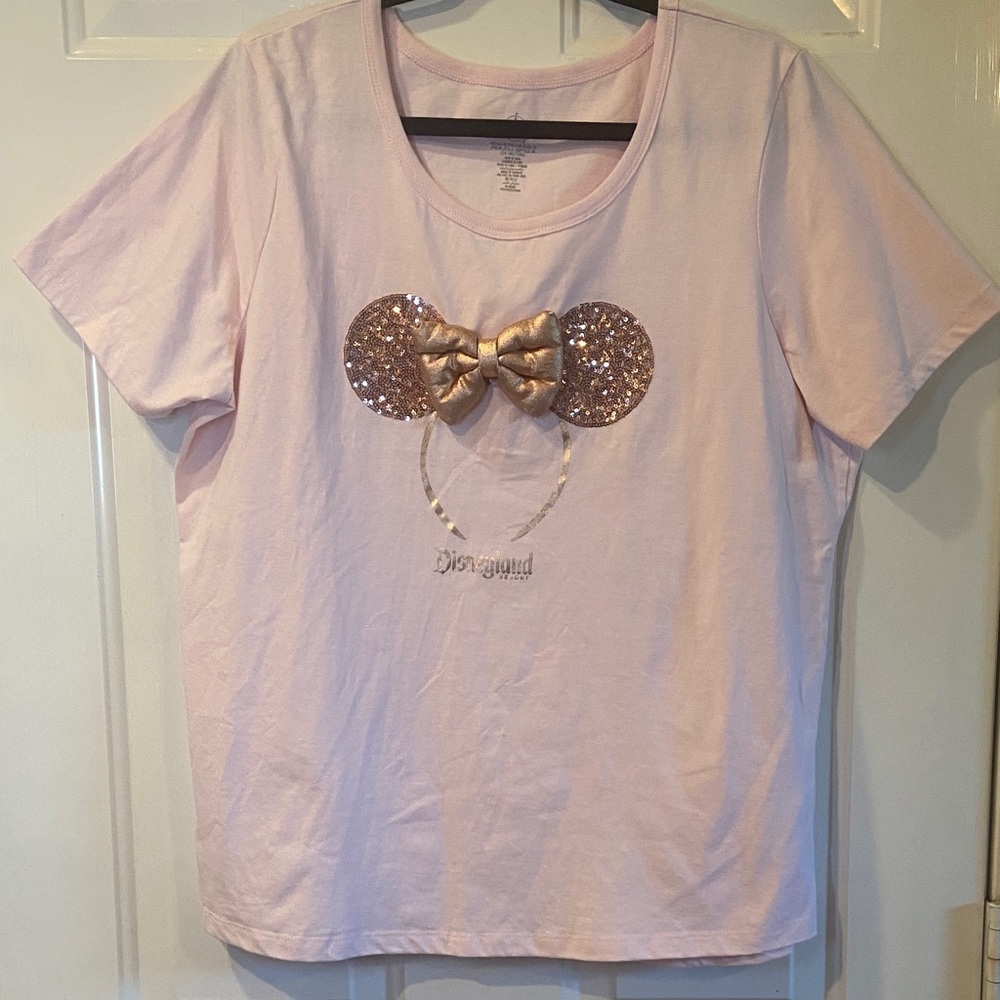Disneyland Minnie Mouse Tee Pink Sequin Minnie Ears Bow Shirt Womens XL Rosegold